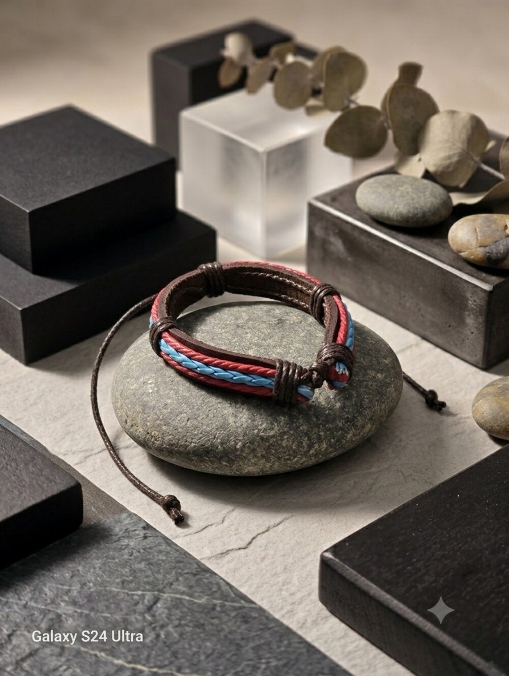 Braided Leather Bracelet with Red and Blue Accents